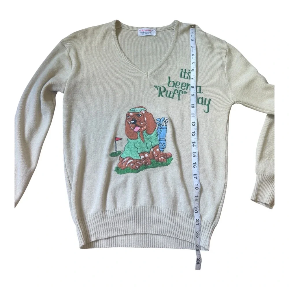 Vintage Lady LaMode Tan Golf Dog V-Neck Sweater Its Been A Ruff Day Large